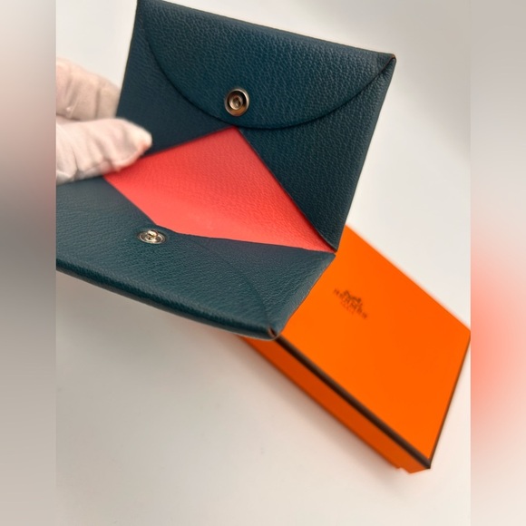 Hermes Chevre Mysore Calvi case Coin Verso rose azalee vert bosphore With Box - Picture 7 of 12